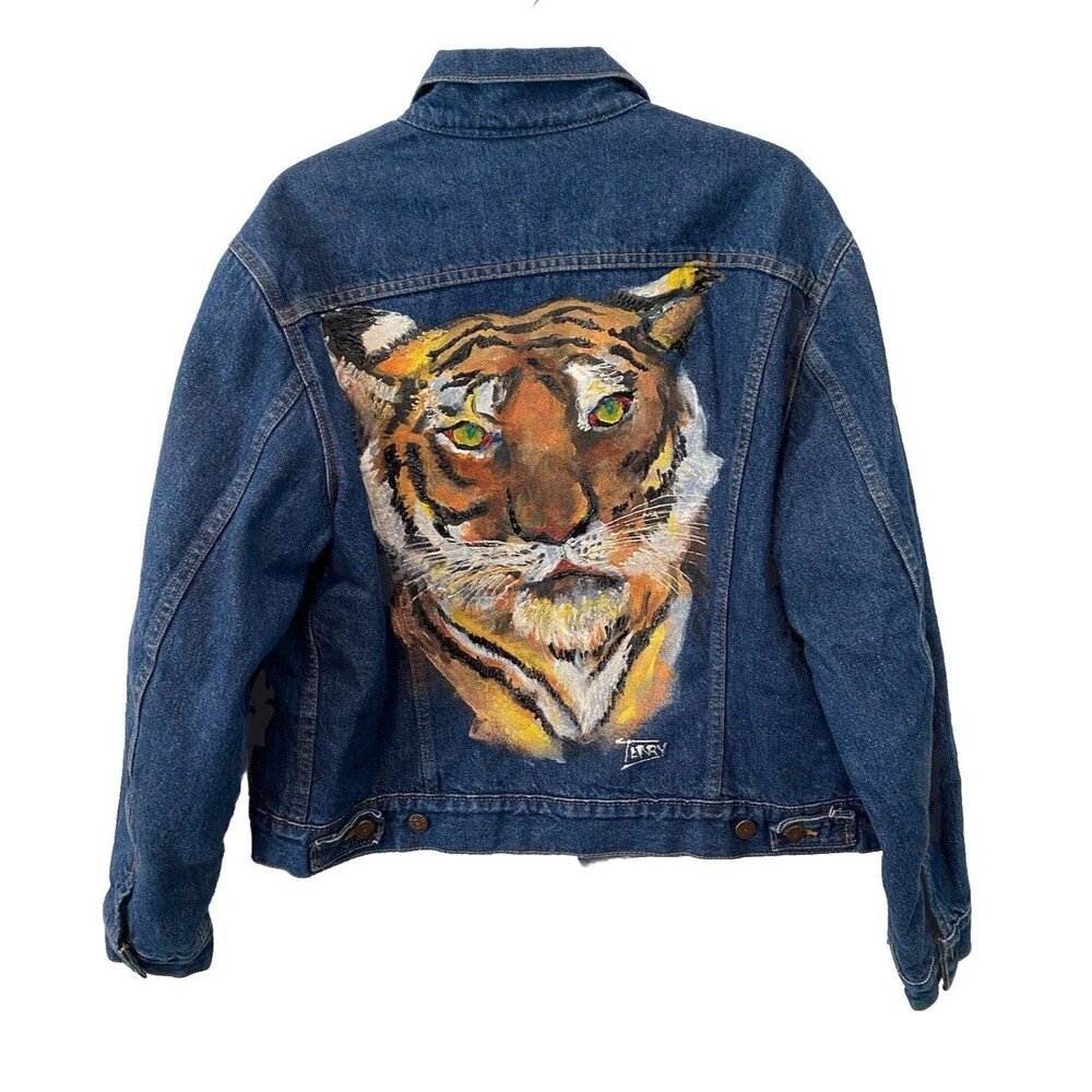 Vintage Levi's Blanket lined denim Jacket Handpainted Tiger Face Signed Sz 44